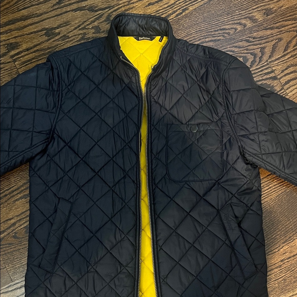Barbour Black Quilted Jacket with Yellow Interior